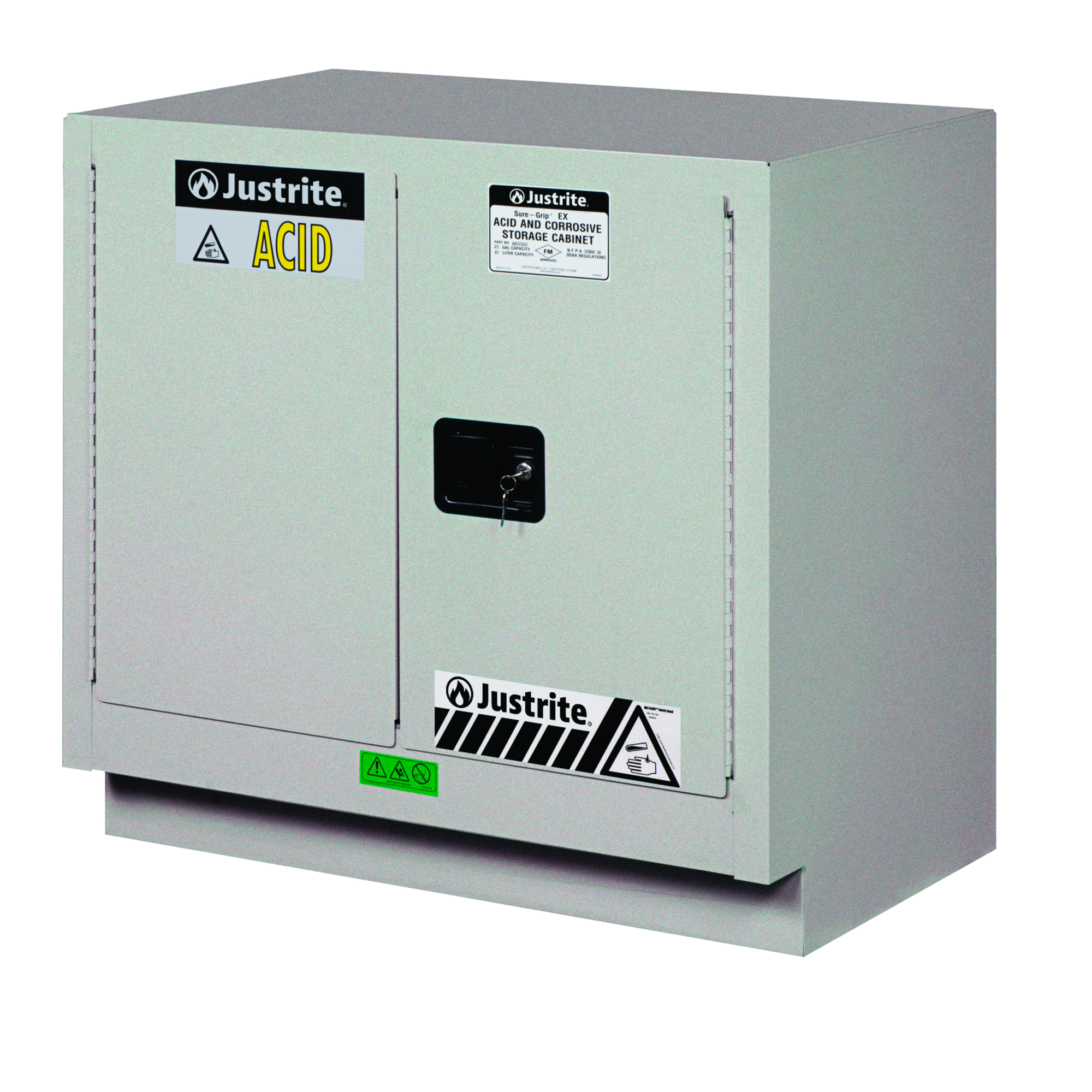 Justrite ChemCor Under Fume Hood Safety Cabinet — 23 Gal. Capacity, 1 Shelf, 2 Self-Close Doors, Silver, Model# 8837242